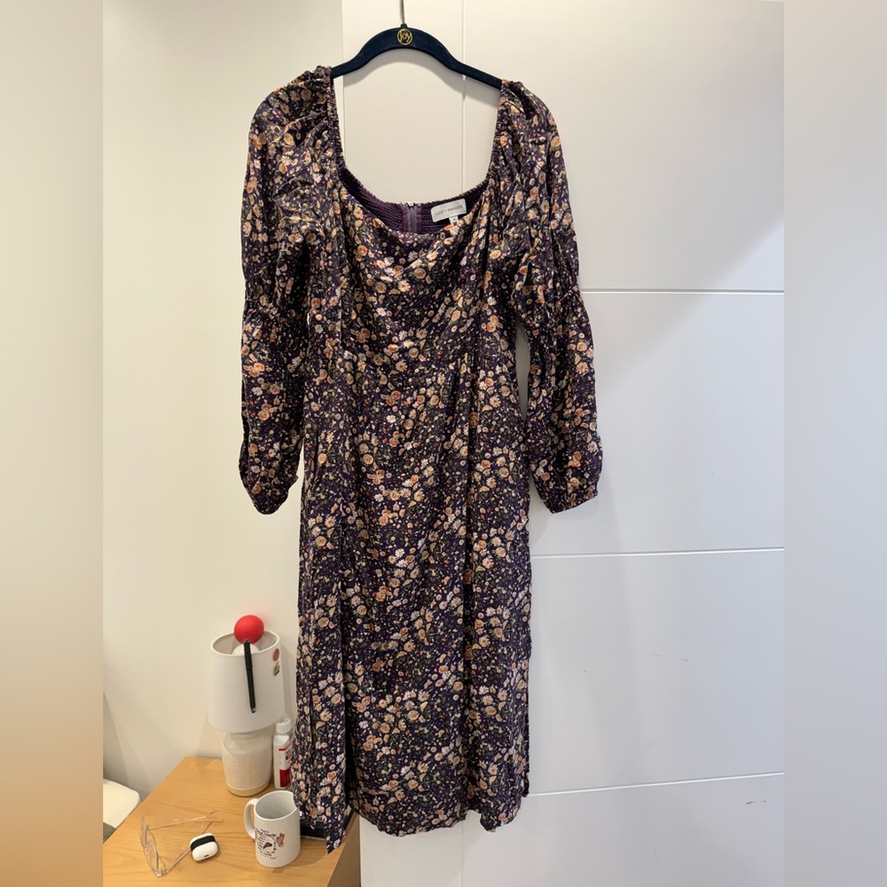 Lost + Wander Brown and Cream Sheath Dress with Bishop Sleeves